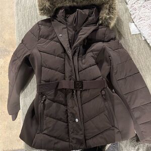Michael Kors Brown Quilted Belted Puffer Coat with Fur Trim Hood